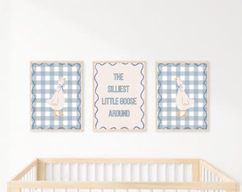 Silly Goose Nursery Art Set: Blue Gingham Prints (Digital Download 8x10in JPGs)