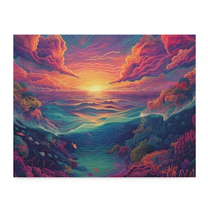 Puzzle, Vibrant Surreal Sunset Seascape Coral Reef Waves, Glow Fish, 120, 252, 500-Piece - Jigsaw Game, Adult Kid Family Activity, Relaxing