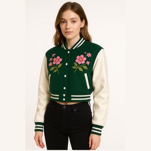 Jaqueta feminina curta personalizada – Jaqueta bomber Letterman personalizada – Cores, patches e bordados personalizados – Jaqueta da moda