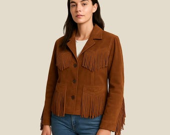 Boho Chic Brown Fringe Leather Jacket | Real Western Style for Women | Unique Biker Sheep Suede Coat