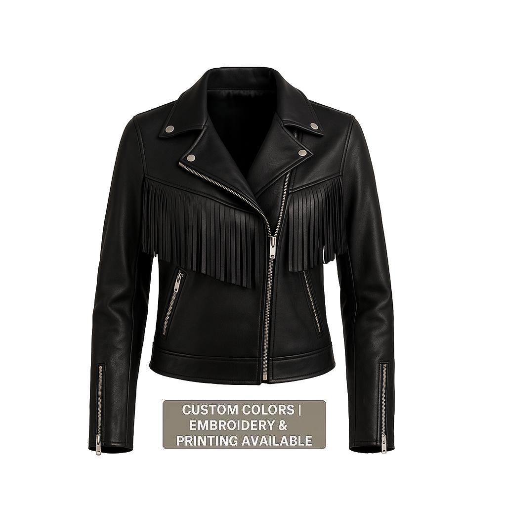Black Fringe Leather Jacket – Women’s Western Style Biker Coat – Custom Colors, Embroidery & Printing Available