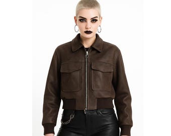90s Vintage Style Women’s Oversized Brown Leather Bomber Jacket - Genuine Leather Fashion