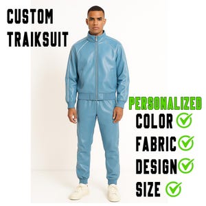 Personalized Handcrafted Premium PU Leather Tracksuit - Elevate Your Style Grey with White Stripe Jogging style for Men