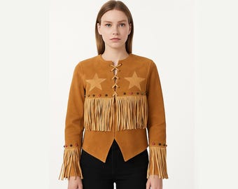 Handmade Western Tan Suede Fringe Jacket with Stars | Vintage Cowgirl Style Beaded Fringe Leather Coat | Custom Personalized Gift