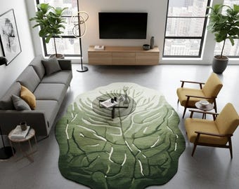 Hand Tufted Wool Leaf Rug, Irregular Botanical Carpet, Modern Green Home Decor