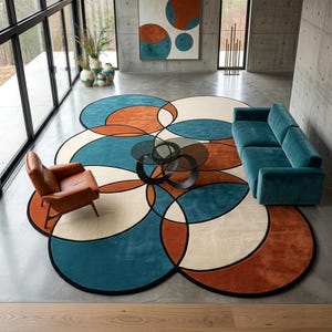 May include: A large area rug featuring an overlapping circular pattern in teal, burnt orange, and cream with black outlines. The rug is positioned under a glass coffee table, a teal sofa, and a brown leather armchair in a room with concrete floors.