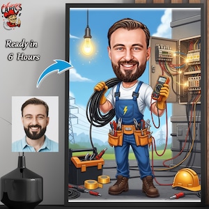 Regalo de caricatura de electricista: Retrato personalizado (Descarga digital en formato A4 JPEG/PNG)