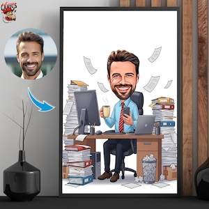 May include: A framed cartoon illustration of a man at a desk, holding a coffee mug and a phone. The desk is surrounded by stacks of paperwork, a computer, and a laptop. The man is smiling. A portrait of the man is in the upper left corner.