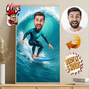 Custom Surfer Caricature from Photo | Personalized Surfing Portrait Gift | Funny Digital Drawing for Him