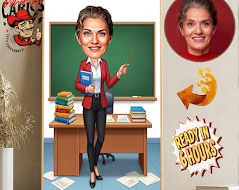Custom Female Teacher Caricature: Personalized Cartoon Portrait (Digital Download)