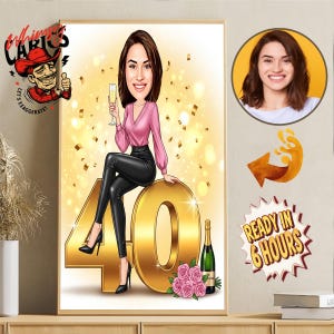 40th Female Birthday Caricature Gift Custom Personalized Illustration Unique Milestone Celebration Fun Memorable Keepsake Create for any age