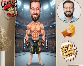 Retrato de caricatura de luchador de MMA personalizado: regalo divertido de artes marciales (descarga digital A4 JPEG/PNG)