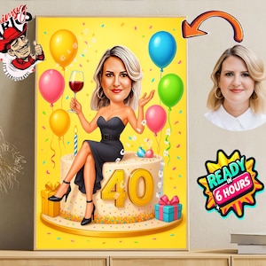 Custom 40th Birthday Caricature | Personalized Cartoon Portrait from Photo | Funny 40th Birthday Gift | Unique Party Gift | Instant Download