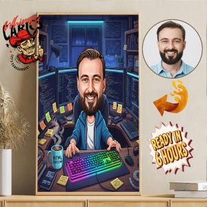 Może przedstawiać: Oprawiony portret z kreskówki mężczyzny przy stanowisku komputerowym. Mężczyzna uśmiecha się, ma brodę i nosi niebieską bluzę z kapturem. Klawiatura ma tęczowe podświetlenie. Na biurku stoi kubek z napisem "HTML Caffeine". Obraz jest oznaczony jako "Ready in 6 hours."