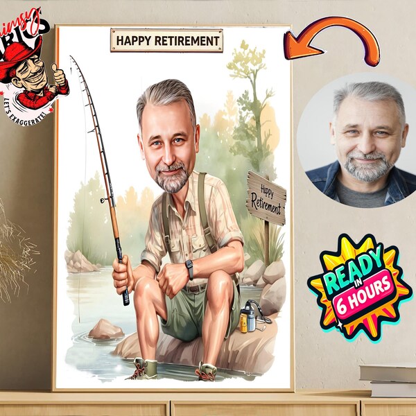 Retrato de pescador personalizado: regalo de jubilación personalizado (descarga digital A4 JPEG/PNG)