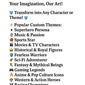 May include: White graphic with the text "WhimsyCarics Custom Creations" and a list of custom theme ideas, including Superhero Persona, Sports Star, and Anime & Pop Culture Icons. The text encourages custom orders.