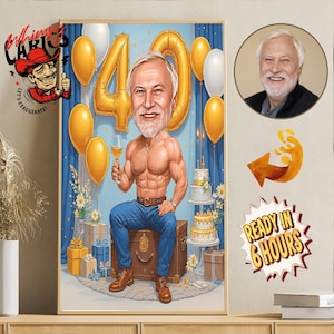 Custom 40th Birthday Cartoon for Him – Funny Buff Body Caricature with Cake & Champagne – Hilarious Gift for Men Hitting