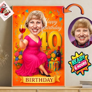 Custom 40th Birthday Caricature | Personalized Cartoon Portrait from Photo | Funny 40th Birthday Gift | Unique Party Gift | Instant Download