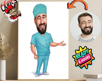 Benutzerdefinierte Doktor Cartoon Portrait: Personalisierte Karikatur Geschenk (Digitaler Download A4)