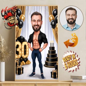 Puede incluir: Ilustración enmarcada de un hombre celebrando su 30 cumpleaños. La imagen presenta una caricatura del hombre, una tarta negra, globos y cajas de regalo. También es visible el texto "READY IN 6 HOURS".