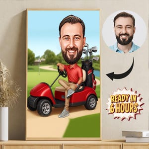 Gepersonaliseerde golfkarikatuurportret – aangepaste cartoontekening van foto | Golfkar cadeau voor hem | Snelle levering binnen 6 uur | Digitale download