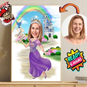 Gepersonaliseerde cartoonportret, karikatuur verjaardag, aangepast verjaardagscadeau, grappig cadeau, digitale verjaardagskaart direct download, cadeau voor haar