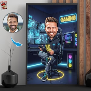 Puede incluir: Retrato de dibujos animados enmarcado de un hombre en una configuración de juego. El hombre sostiene un controlador y un dispositivo, con la palabra "GAMING" en luces de neón arriba. El fondo presenta múltiples monitores que muestran gráficos de juegos.
