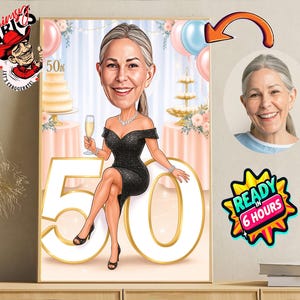 Caricatura personalizada de 50º aniversário a partir de fotos, cartão de feliz aniversário, presente de desenho animado, feliz aniversário de 50 anos, caricatura a partir de foto