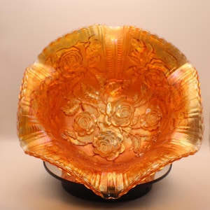 Vintage Marigold Carnival Glass Open Rose Sawtooth Rim Footed Bowl