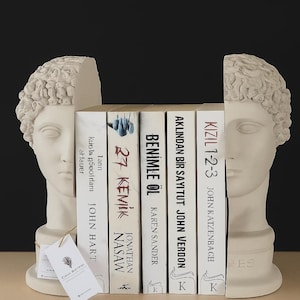 Classical Greek Bust Bookends | Handmade Plaster Statue Pair | White Head Sculpture for Bookshelf | Home  & Office