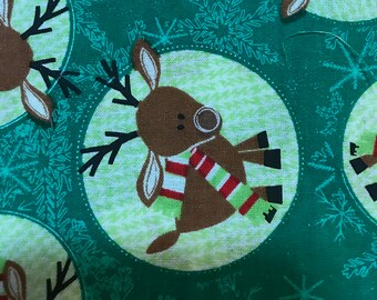 Christmas Reindeer on Green Cotton Fabric/Kids Sewing Craft Supplies/Home Decor/Quilting/Christmas Cotton Prints/Doll making/Home Decoration