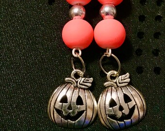 Orange Drop Pumpkin Silver Charm Earrings/ Pumpkin Dangle Jewelry/Halloween Drop Earrings/Jewelry Artisan Designed/Gift for Her