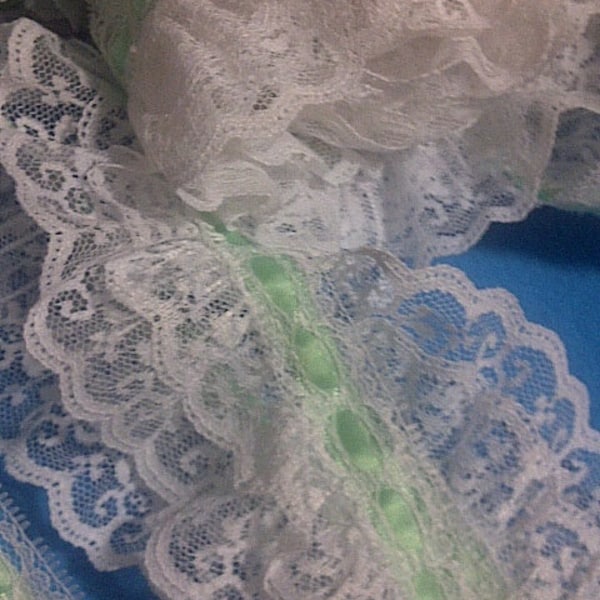 White double tier lace with green turquoise ribbon / 2" (50 mm ) width / Wedding supplies / Double Lace / Satin Ribbon