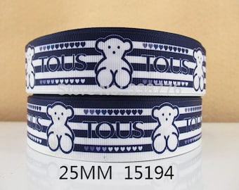 Teddy Bear Printed on Navy Blue and white Grosgrain Ribbon 1" 25 mm/DIY Hair craft/Kids Craft Supplies/Nursery/decoration/baby shower