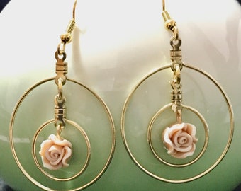 Golden Double Hoop earrings embellished with tiny Rose/Jewelry Artisan Designed/Rose drop earrings/Golden Hoops earrings with flower for her