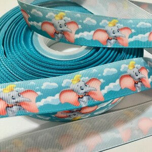 Cute Jumbo Elephant on baby blue Background Printed Grosgrain Ribbon (22 mm)/DIY Hair Bow /Head band/single side/Flying Elephant print