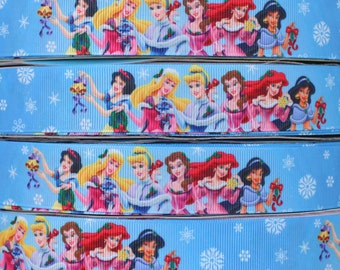 Beautiful Princesses on blue  Printed Grosgrain Ribbon 1"(25 mm) width/DIY Hair Bow/Head band /Disney Princesses print sewing Craft Supplies