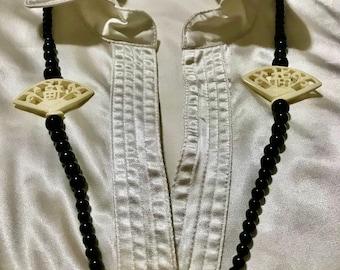 Jewelry Artisan Designed Beautiful OOAK Black Czech Glass Pearl Necklace/Ivory Hand Fan Charm Pendant/ Fashion Jewelry/ Woman Gift