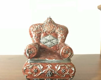 Victorian Style Miniature Chair Jewelry Box tray/Jewelry Metal Carved Lead Box/Hinged Metal Enameled Rhinestone Trinket Box