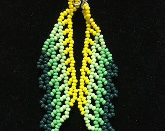 Native Mexican Beaded  Dangle Green Leaf Earrings Inspired/Czech Beads/Handmade Jewelry/Artisan Designed Earrings/Mother's Day Gift