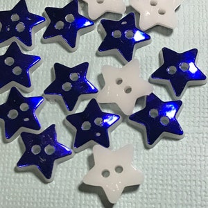 Metalic Blue Stars Plastic Buttons/Sewing craft supplies/2 holes Novelty Button/Embellishment doll making/Card making