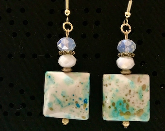 Splash Turquoise Gold drops on white Square Earrings/Dangle Square white Turquoise pendant/White beads/Jewelry Artisan Designed/Gift for Her