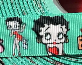 Betty Boop besitos Kisses on green Printed Grosgrain Ribbon 7/8"( 22mm )/DIY Hair Craft/Doll making/Kids Craft Supplies/Single Side