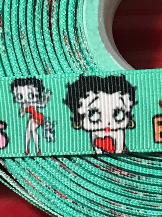 Betty Boop besitos Kisses on green Printed Grosgrain Ribbon 7/8"( 22mm )/DIY Hair Craft/Doll making/Kids Craft Supplies/Single Side