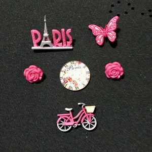 Paris La Vie en rose Plastic Novelty Buttons/Eiffel Tower/Traveling Paris by bike/sewing supplies/Party Supplies/Doll Making/Cupcake Toppers