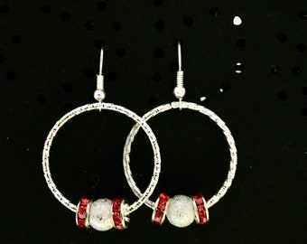 Silver Hoop Earrings with embellished with red glass and silver ball/Jewelry Artisan Designed/Silver drop earrings red crystal for Her