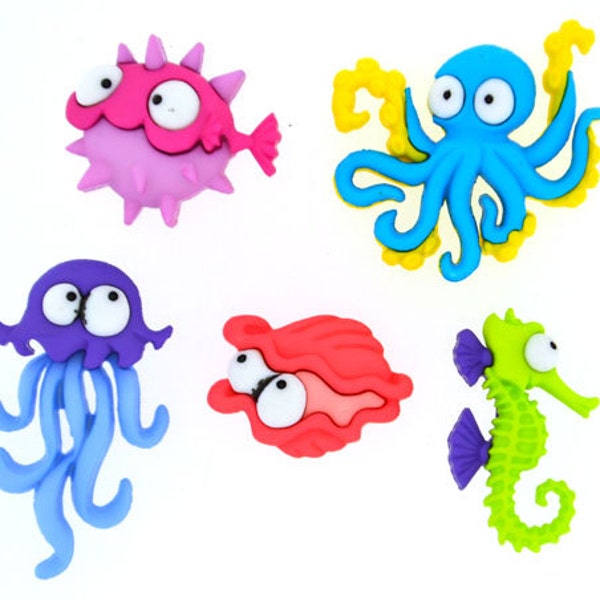 Creatures of the Sea Plastic Novelty Buttons/Kids Sewing & Craft supplies/Octopus/Blowfish/Seahorse/Party Favors/Doll making/Cupcake toppers