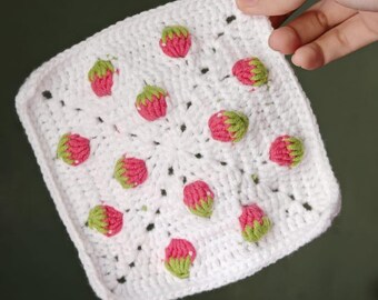 Mini carré 3D fraises grand-mère au crochet motif fraise tasse tapis nappe idée sac grand-mère couverture motif afghan avec tutoriel photos