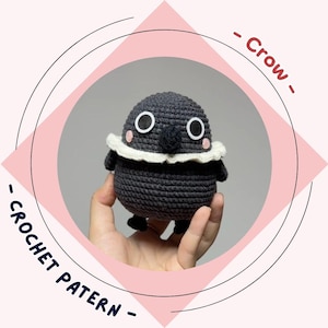 Crow Crochet Pattern Chubby Raven with Big Eyes White Cowl Amigurumi Creepy Witchy Home Decor Black Bird Animal Kawaii Cute Plush Toy