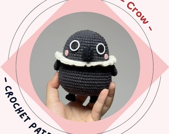 Crow Crochet Pattern Chubby Raven with Big Eyes White Cowl Amigurumi Creepy Witchy Home Decor Black Bird Animal Kawaii Cute Plush Toy